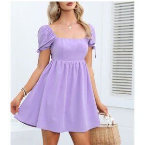 Womens Baby Doll Lavender Puff-Sleeve Size Med Dress Open Back Bow Detail